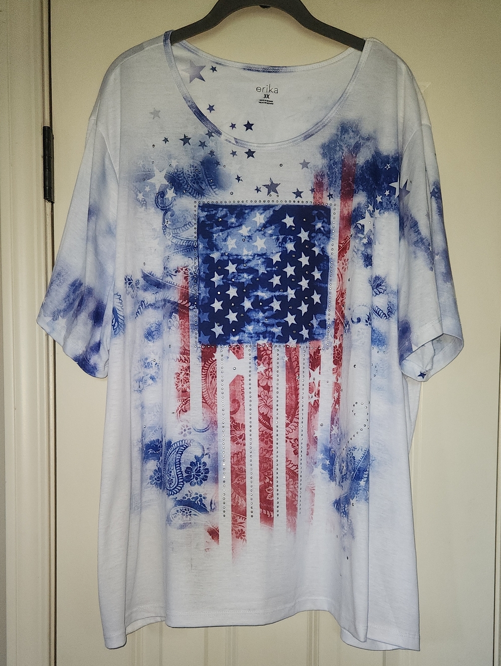 Erika White Short Sleeve Tee with Red and Blue Paisley Flag Print